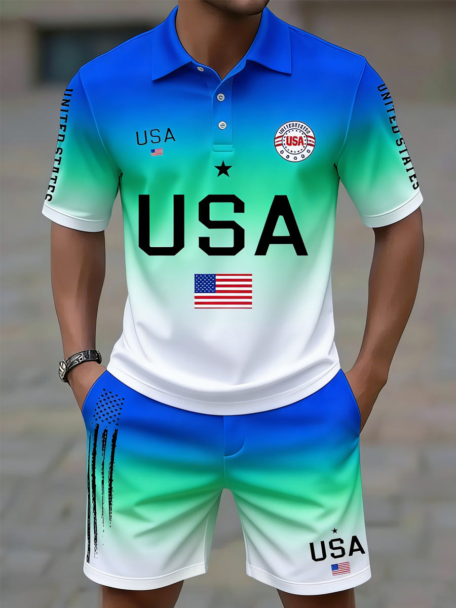 USA Flag Art Printed Resort Style Polo Shirt And Shorts Set